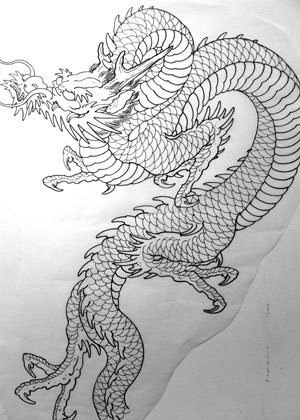 Black Outline Japanese Dragon Tattoo Stencil