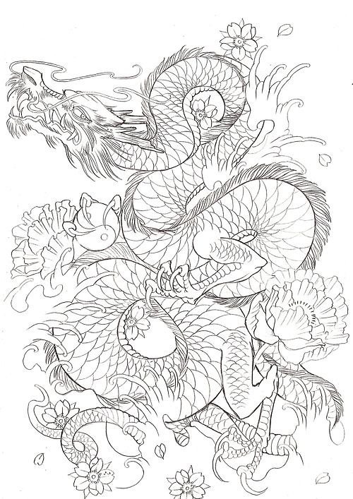 Black Outline Japanese Dragon With Flowers Tattoo Design