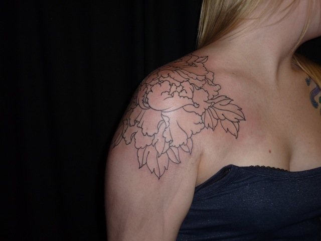 Black Outline Peony Flower Tattoo On Right Shoulder