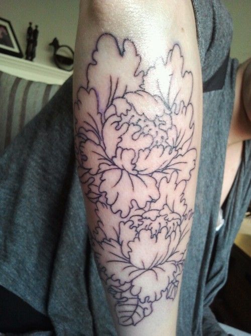 Black Outline Peony Flowers Tattoo Design For Sleeve