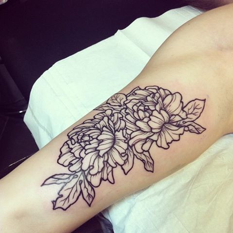 Black Outline Peony Flowers Tattoo On Half Sleeve