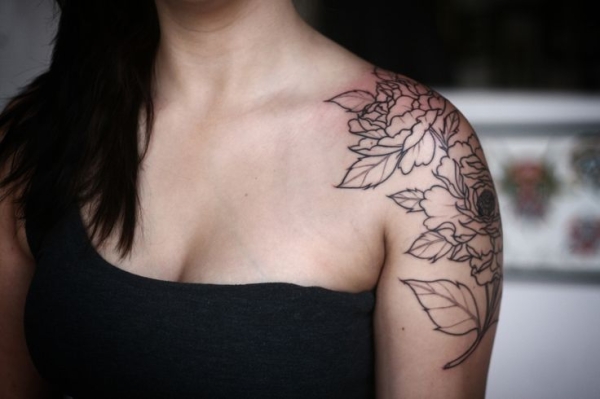 Black Outline Peony Flowers Tattoo On Left Shoulder