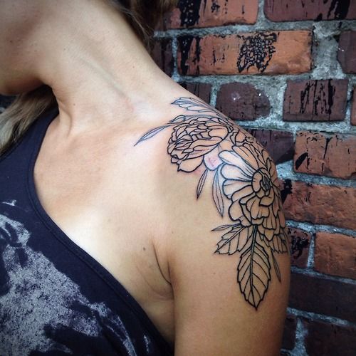 Black Outline Peony Flowers Tattoo On Women Left Shoulder