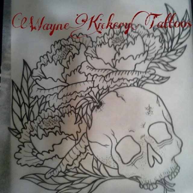 Black Outline Peony Flowers With Skull Tattoo Design