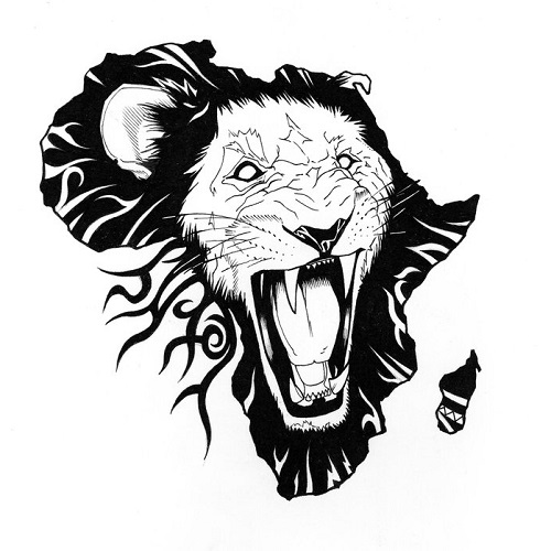 Black Roaring Lion Head In Africa Map Tattoo Stencil