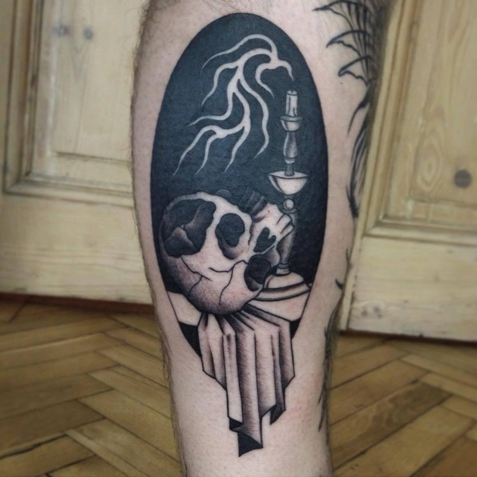 Black Skull With Candle Tattoo On Leg Calf