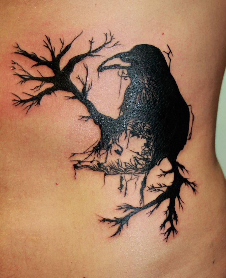 Black Tree And Crow Tattoo On Back Body