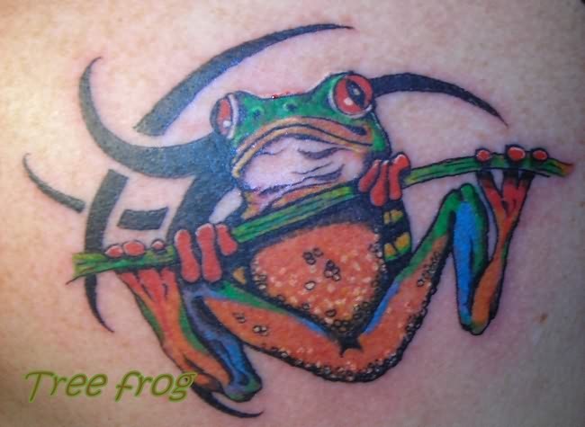 Black Tribal And Colorful Frog Tattoo