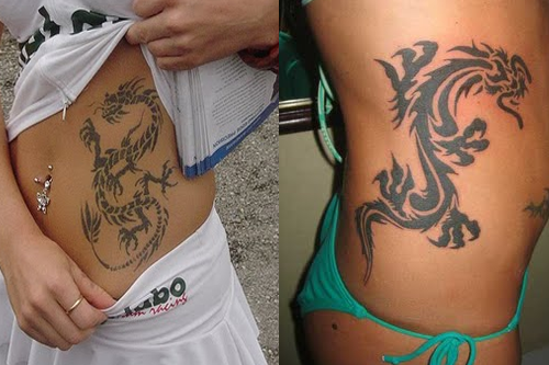 Black Tribal Dragon Tattoo Design For Women Side Rib