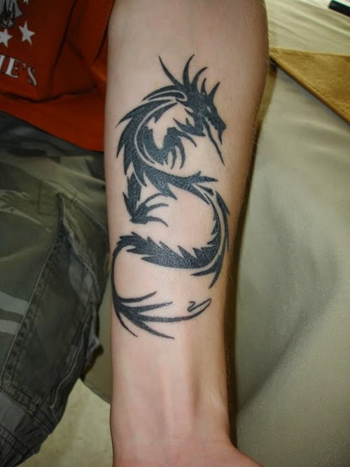 Black Tribal Dragon Tattoo On Left Forearm