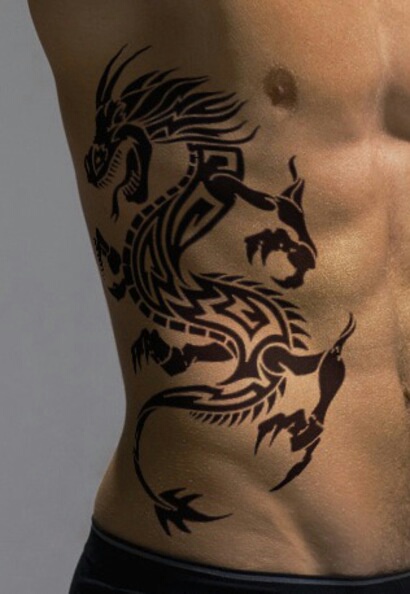 Black Tribal Dragon Tattoo On Man Right Side Rib