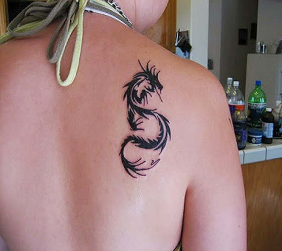 Black Tribal Dragon Tattoo On Right Back Shoulder