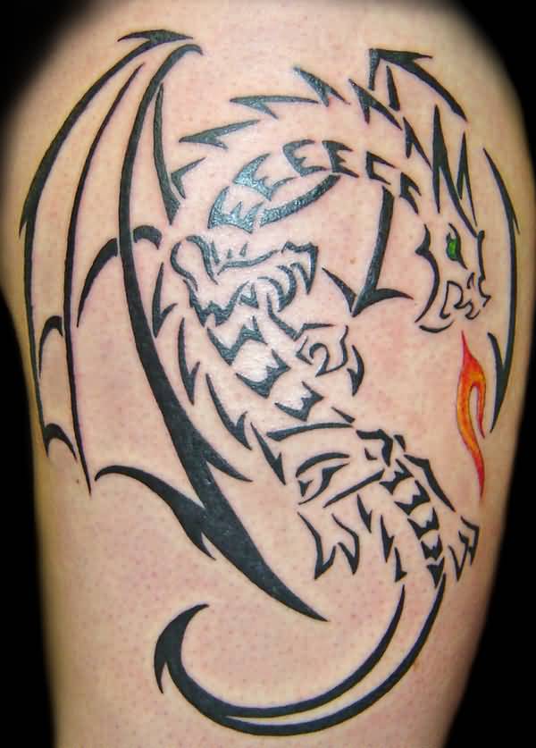Black Tribal Dragon Tattoo On Right Half Sleeve By Ainslie Heilich