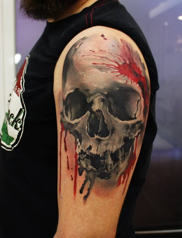 Bleeding 3D Skull Tattoo On Man Left Shoulder