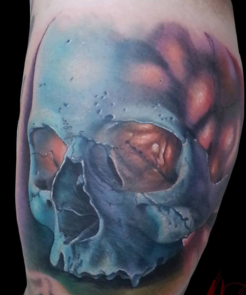 Blue 3D Skull Tattoo On  Man Bicep