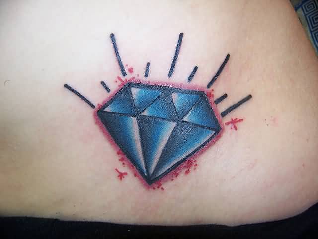 Blue And Black Diamond Tattoo On Lower Back