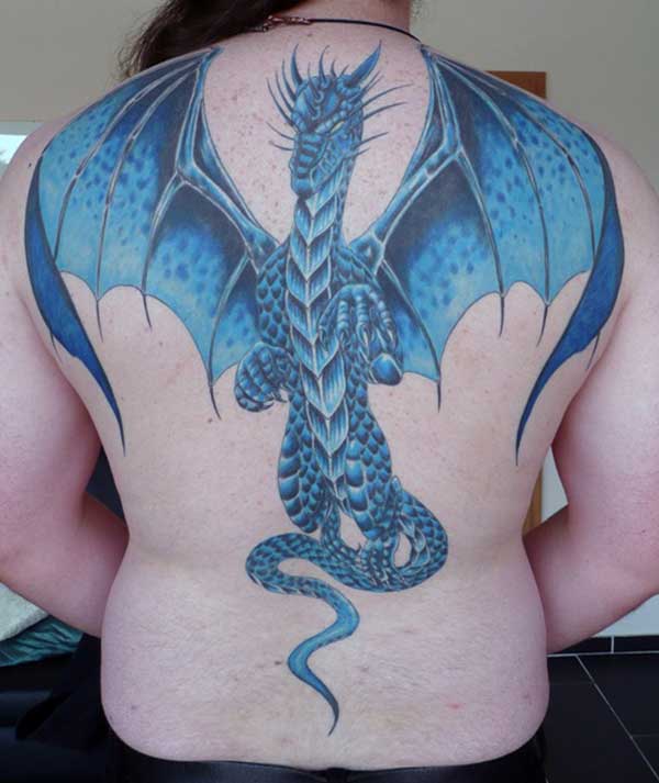 Blue And Black Dragon Tattoo On Women Full Back By Lotuslani