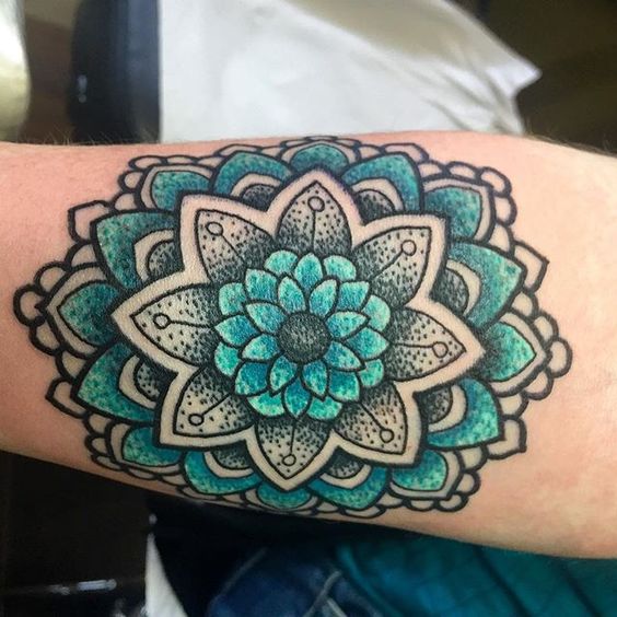 Blue And Green Mandala Flower Tattoo