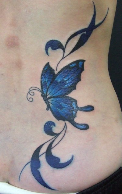 Blue Butterfly Tattoo On Side Rib