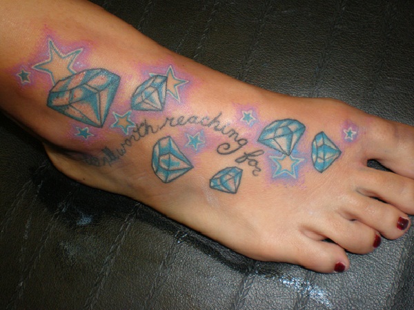 Blue Diamond Tattoos On Girl Right Foot