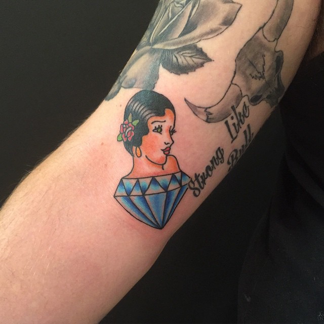 Blue Diamond With Girl Face Tattoo On Arm Sleeve