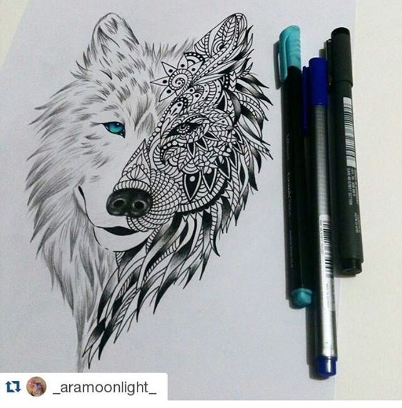 Blue Eye Mandala Wolf Tattoo Design