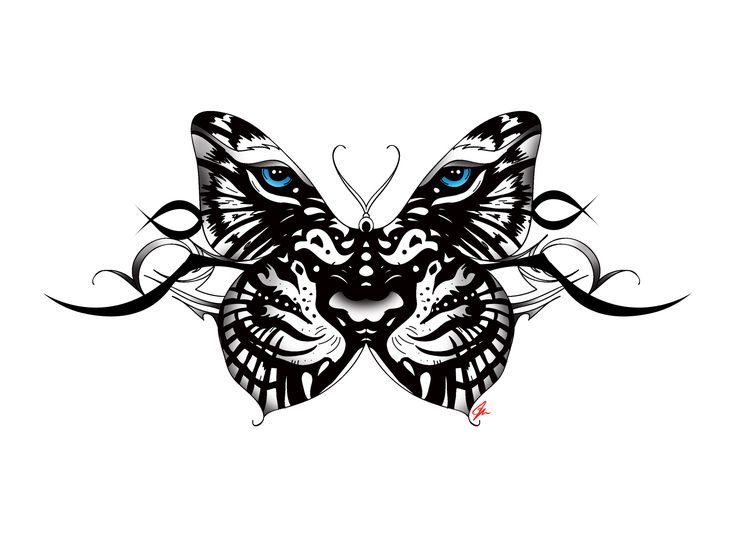 Blue Eyes Tiger Face In Butterfly Tattoo Design
