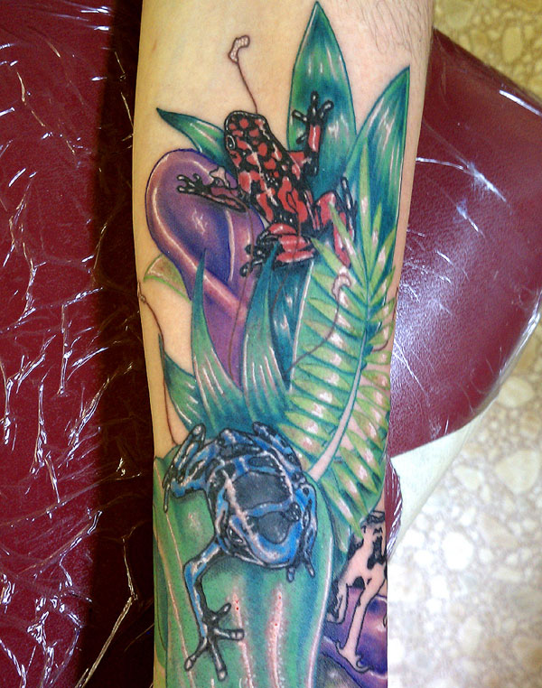 Blue Frog On Green leaf Tattoo On Arm