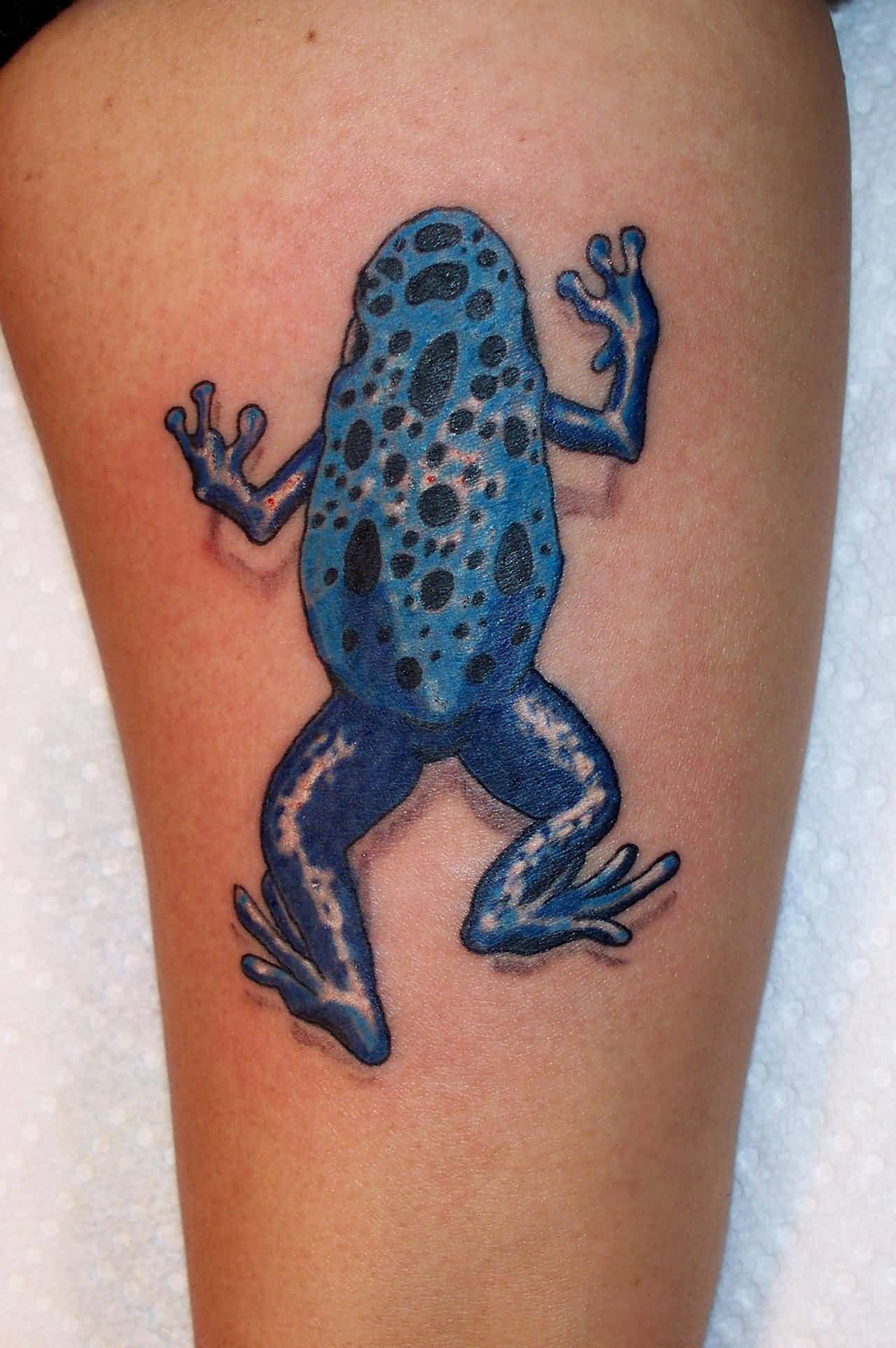 Blue Frog Tattoo On Side Leg