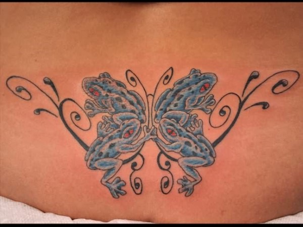 Blue Frogs In Shape Of Butterfly Tattoo On Lower Back
