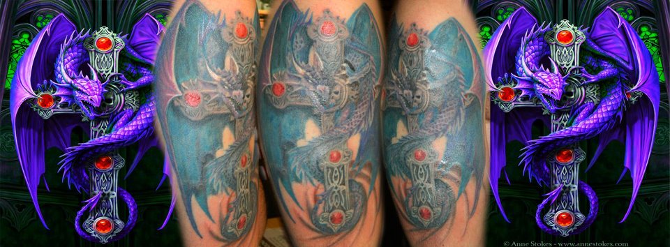 Blue Ink Dragon With Cross Tattoo On Leg Calf By NeoGzus
