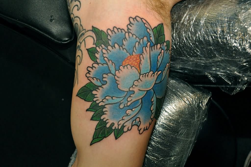 Blue Ink Japanese Peony Flower Tattoo On Right Bicep