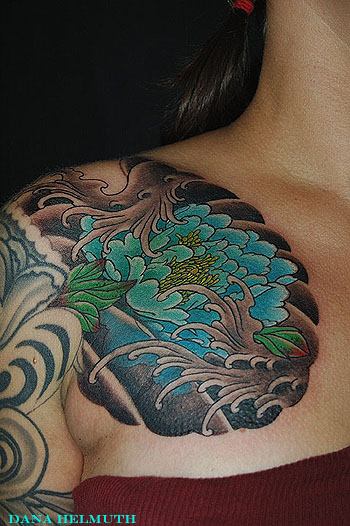 Blue Ink Japanese Peony Flower Tattoo On Right Front Shoulder