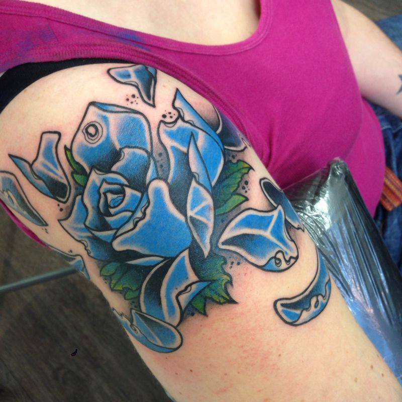 Blue Ink Rose Tattoo On Right Shoulder