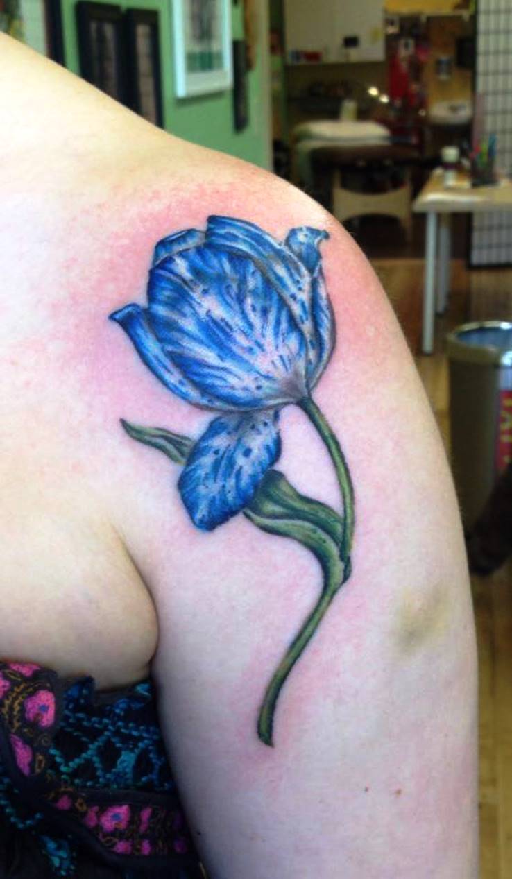 Blue Tulip Flower Tattoo On Shoulder