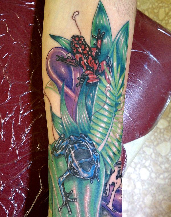Blue and Red Frog Tattoo On Arm Sleeve