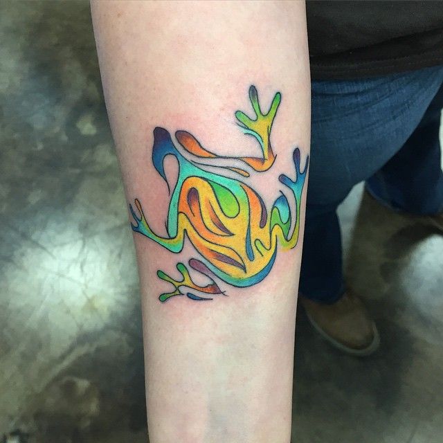 Blue and Yellow Frog Tattoo On Forearm