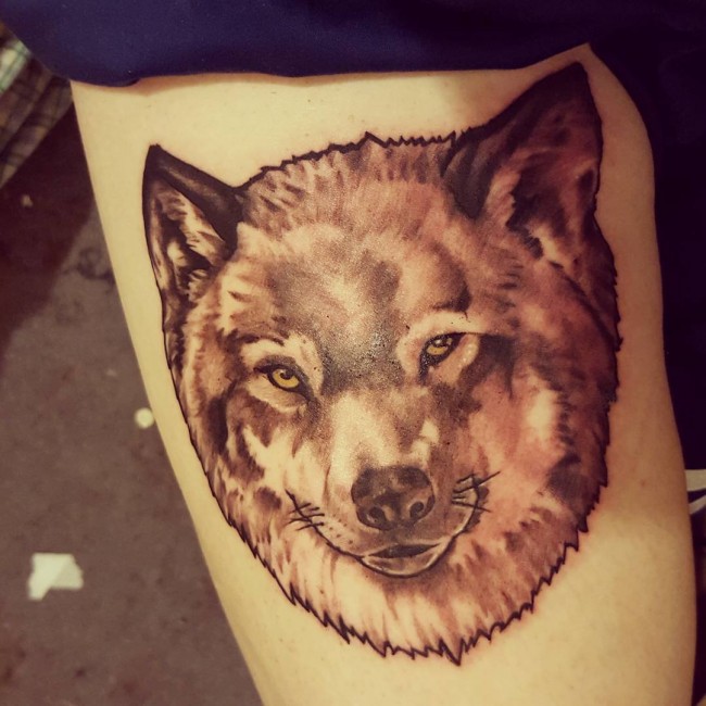Brown And White Wolf Head Tattoo