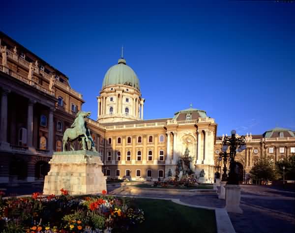 Buda Castle Dome And Horseherd Statue View