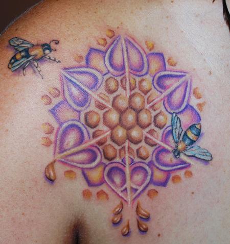 Bumblebee And Mandala Tattoo On Shoulder