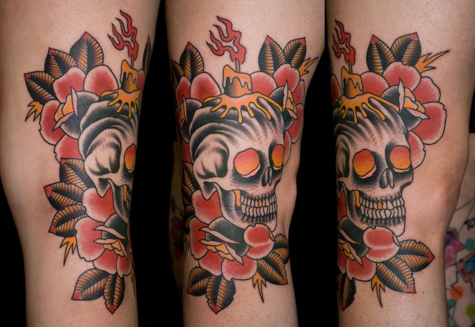 Burning Candle On Skull With Roses Tattoo On Half Sleeve