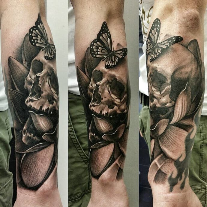 Butterfly And 3D Skull Tattoo On Arm Sleeve