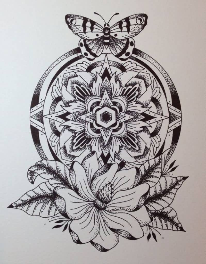 Butterfly And Mandala Flower Tattoo Design