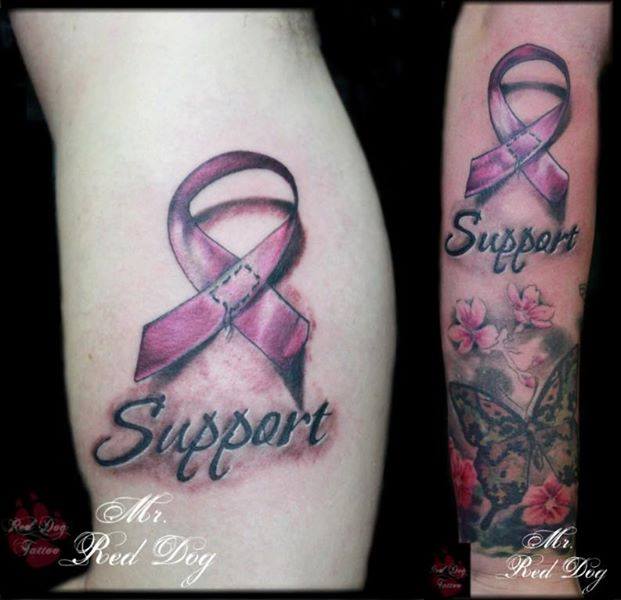 Cancer Ribbon With Butterfly And Flowers Tattoo On Right Arm