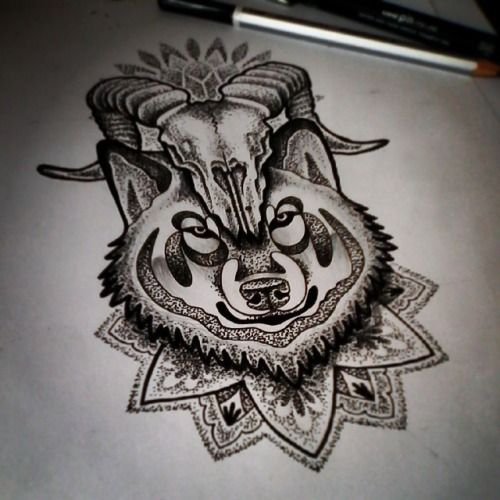 Capricorn Skull And Mandala Wolf Tattoo Design Samples