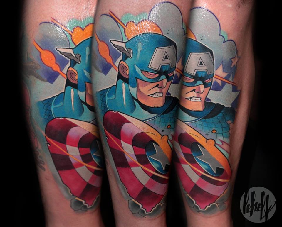 Cartoon Captain America Tattoo Design For Sleeve By Lehel Nyeste