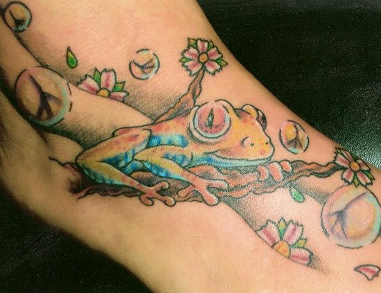 Cherry Blossom Flowers And Frog Tattoo On Foot