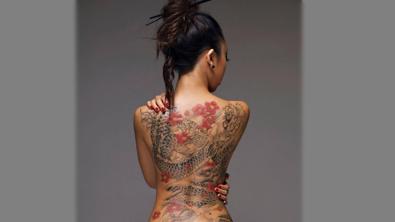Chinese Dragon With Flowers Tattoo On Women Full Back