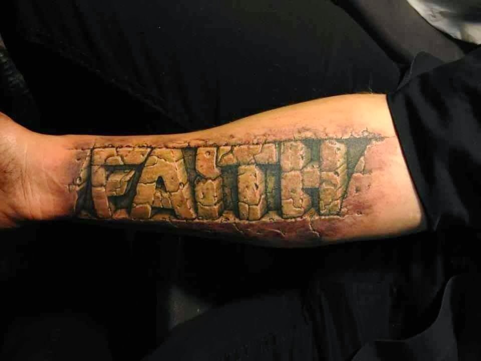 Classic 3D Faith Lettering Tattoo On Right Forearm