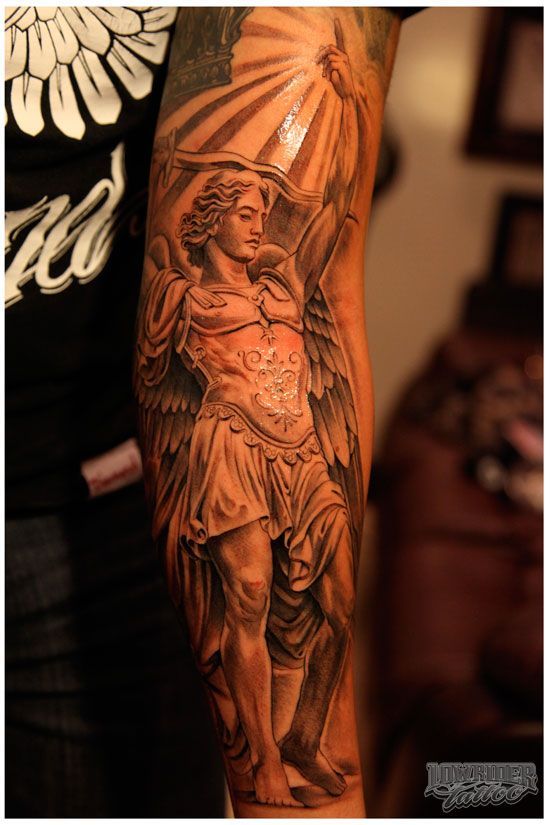 Classic Black And Grey Archangel Michael Tattoo On Forearm